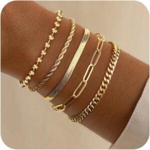 Gold Bracelets for Women Girls,Dainty Bracelets Set for Girls Trendy, Gold Bracelets Stack With Beaded, Cuban, Paperclip, Heart, Snake, Rope, Pearl, Cross, Hand Chain, Silver Jewelry Gifts for Women Girl Mom