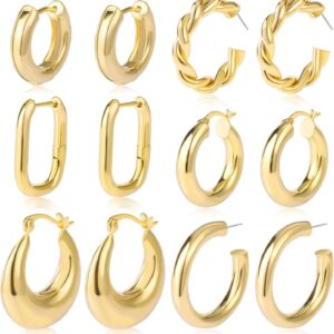 6 Pairs Chunky Gold Hoop Earrings Set for Women 14K Gold Plated Hypoallergenic Thick Open Huggie Hoop Set Jewelry for Gifts Clothing, Shoes & Jewelry