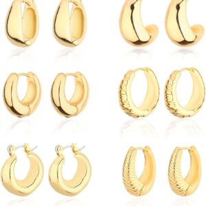 Wgoud Chunky Huggie Earring 14K Gold Hoop Earrings for Men Women Hypoallergenic, Thick Twist Earring (6 Prs Chunky Gold) Clothing, Shoes & Jewelry