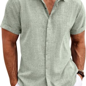 COOFANDY Men’s Linen Shirts Short Sleeve Casual Shirts Button Down Shirt for Men Beach Summer Wedding Shirt