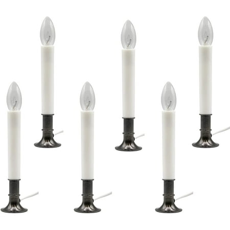 6 Pack of Electric Window Candle Lamps with Pewter Plated Base, Dusk to Dawn Sensor Turns Candle on in Dark and Off in Light, Ready to Use