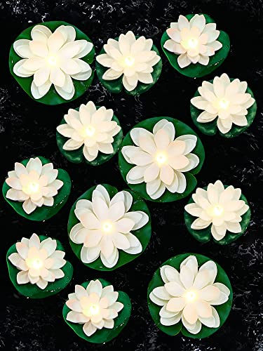 12 Pcs Floating Pool Lights Lotus Floating Lanterns LED Lifelike Floating Lamp Battery Operated Lily Pad Flower Candle Fun Pool Accessories for Pond Decor, Yellow Light (White, 3.94/5.91 Inch)