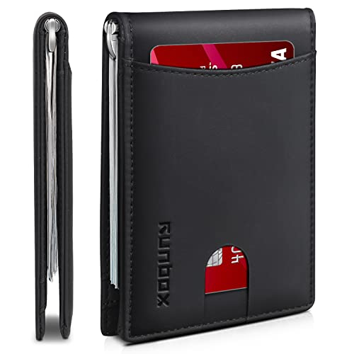 RUNBOX Genuine Leather Slim Wallet for Men RFID Blocking Bifold Minimalist Front Pocket Mens Wallet with Money Clip Thin Gift Box