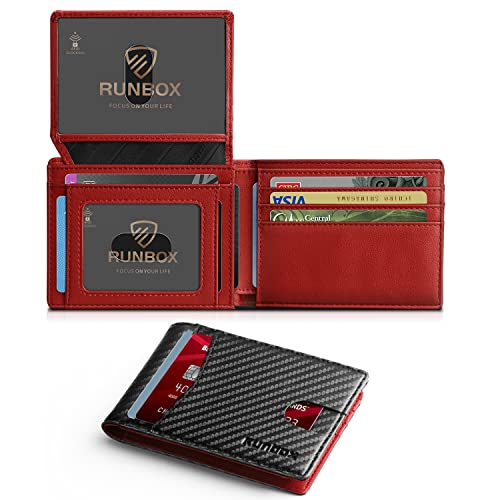 runbox red men's wallets slim rfid leather 2 id window with gift box