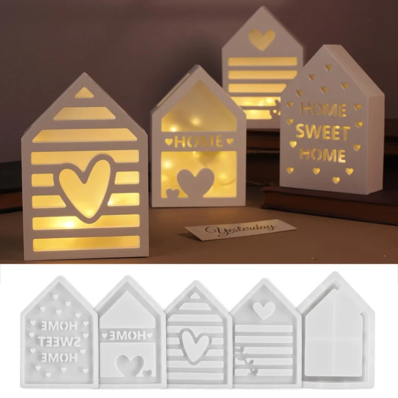 Hollow Out Love House 3D Lamp Silhouette Silicone Mold DIY Gypsum Candle Base Plug-in Decorative Ornament Resin Mold Handicrafts