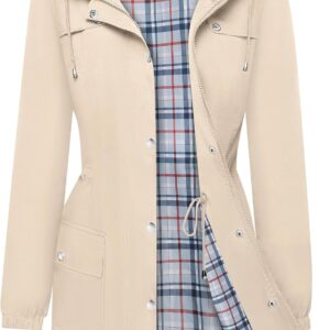 Bloggerlove Rain Jacket Women Lightweight Raincoats Outdoor Waterproof Windbreaker Hooded Plaid Lined Trench Coat S-XXL