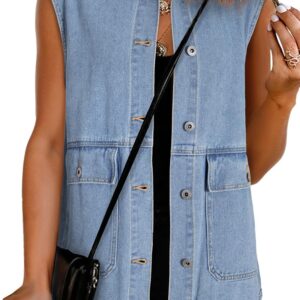 Dokotoo Womens Fashion 2025 Casual Denim Vest Oversized Mid Long Jean Vest Casual Sleeveless Jean Jackets with Pockets