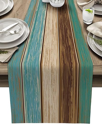 Cotton Linen Table Runner 14X72 Inches Long Retro Rustic Barn Wood&Teal Green Brown Dresser Scarves Non-Slip Burlap Rectangle Table Setting Decor for Farmhouse Wedding Party Holiday Dinner Home