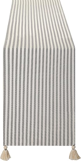 Folkulture Table Runner 72 Inches Long with Tassels for Home Dining Room Table, Farmhouse Style Décor or Kitchen, 100% Cotton Boho Table Runners, 14x72, Charcoal Stripe