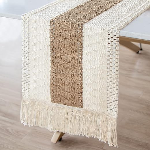 OurWarm Boho Table Runner 72 inch Macrame Table Runners for Home Decor, Cream & Brown Farmhouse Table Runner with Tassels for Bohemian Wedding Dining Bedroom Decor Rustic Bridal Shower (12x72 Inches)