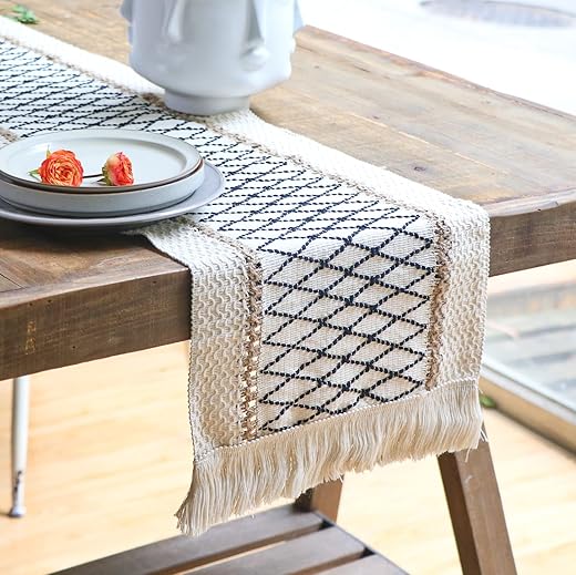 Table Runner 72 Inches, Linen Farmhouse Long Table Runners, Cream Boho Table Runner with Tassels for Dining Kitchen Bohemian Wedding Party Dresser Decor, Black