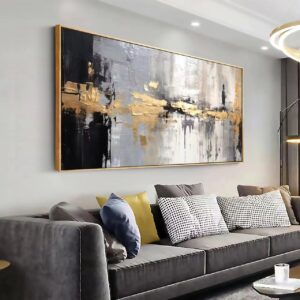 Abstract Wall Art Black and White Modern Artwork Golden Yellow Line Art Canvas Painting Wall Decor for Living Room Bedroom Dining Room Home Office Decor 24″x48″ with Framed