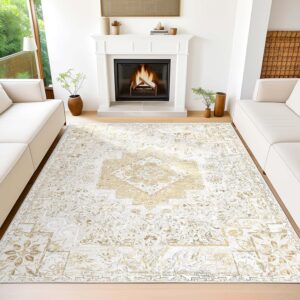 Machine Washable Rug 8’x10′ Vintage Distressed Boho Area Rugs Bohemian Medallion Non-Slip Backing Floor Carpet for Living Room Bedroom Dining Room Office Kitchen Home Decor, Beige 8x10ft