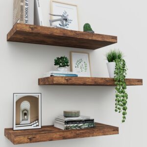 Floating Shelves for Wall Set of 3, 16″ Rustic Brown Floating Shelves for Wall Decor, Home Decor, Frame Display Wall Mounted Wall Shelf for Bedroom, Kitchen, Bathroom, Living Room