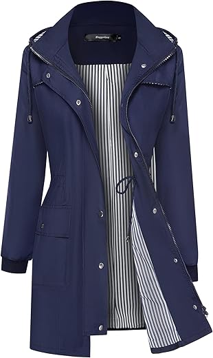 Bloggerlove Rain Jacket Women Lightweight Raincoat Waterproof Windbreaker Striped Climbing Outdoor Hooded Trench Coats S-XXL