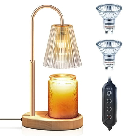 Candle Warmer Lamp with Timer, Dimmable, Adjustable Height - Electric Top Down Melting for All Jar Candles - Home Decor Wax Melter Light in Amber (Includes 2 Halogen Bulbs)