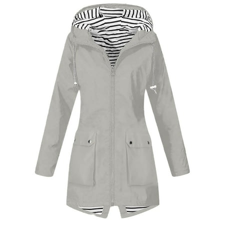 GIPQJK Womens Rain Coats Waterproof with Hood Packable Travel Jacket Windbreaker Zip Up Rain Coat Plaid Lined Rain Coat,Light Gray 2XL