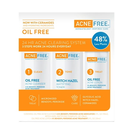 AcneFree Oil Free 24 Hour Acne Clearing System to Treat and Care, 3 Step Treatment Kit