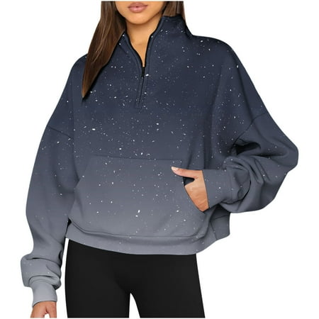 Linen Shirt Women Cropped Sweatshirt Blouses Long Sleeve Half zip Collar Hoodie Sweatshirts