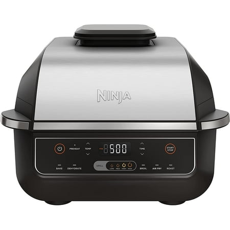 SHUNHAI EG201 Foodi 6-in-1 Indoor Grill with Air Fry, Roast, Bake, Broil, & Dehydrate, 2nd Generation, Dishwasher Safe, Black/Silver