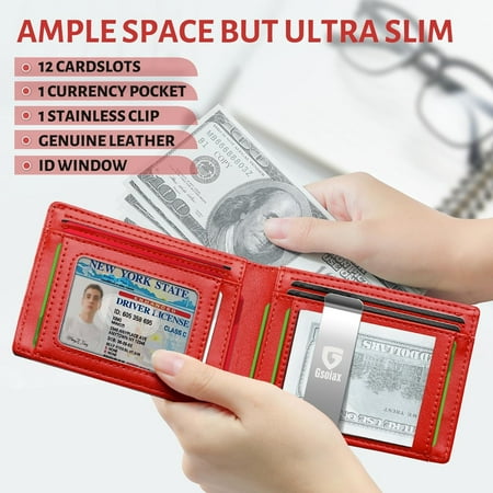 TRAHOO-Slim Leather RFID Bifold Wallet for Men with Money Clip and 12 Credit Card Holders - Minimalist Front Pocket Wallet with ID Window,Cool Groove Design,Gift Box included(Carbon Red)
