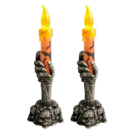 2 Pack Halloween Skull Candle Holder Light, Skeleton Ghost Hand Flameless Candle Lamp Party Bar Decoration Lamp (Orange)