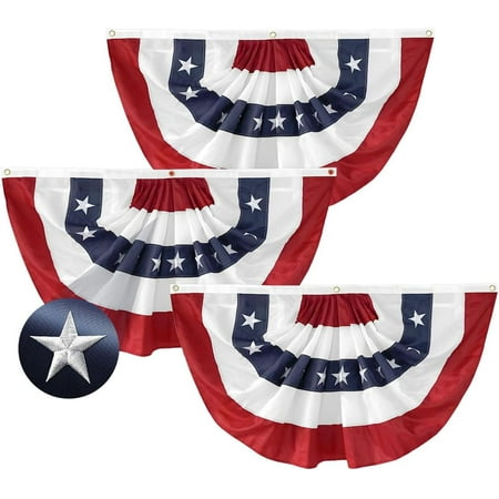 3Pack USA Pleated Fan Flag, 2x4 Feet American Bunting 4th of July Decorations Flags Patriotic Decor Embroidered Stars & Sewn Stripes Canvas Header Brass Grommets for Outside Porch Garden