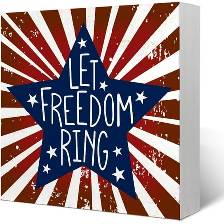4Th Of July Decor - Patriotic Decorations For The Home, Let Freedom Ring American Patriotic Wood Box Sign Desk Decor, Independence Day Decorations, Red White And Blue Decor 5x5