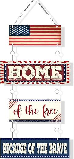 4th of July Sign American Flag Metal Wall Decor Patriotic Hanging Plaque Red Blue White Front Door Hanger for Memorial Day Independence Day Military Veteran Appreciation Decor(Home)