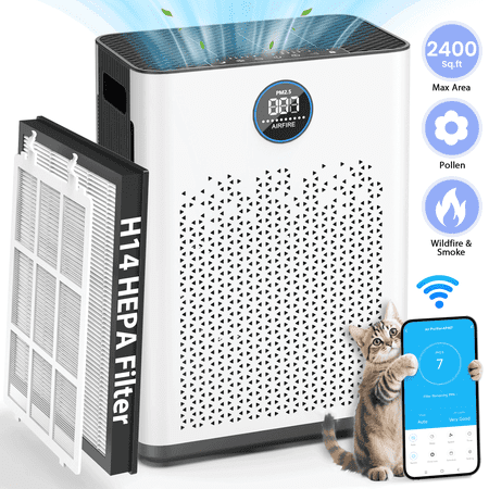 AIRFIRE Air Purifier for Home Large Rooms up to 2400 Sq.ft, WiFi Air Purifiers with Washable Filter for Allergies and Asthma, Pollen, Wildfire, Pet Odor, AP407, White