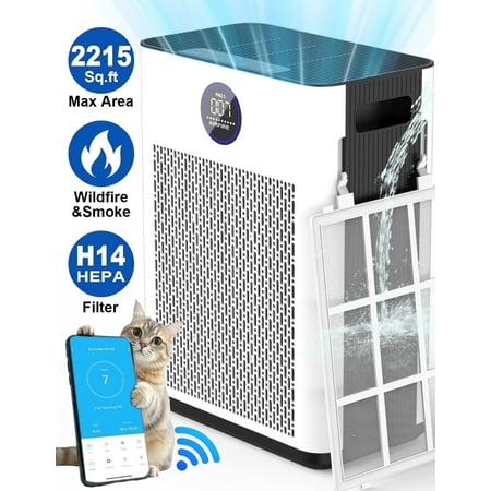 AIRFIRE Air Purifiers for Home up to 2215 Sq.ft, H14 HEPA Filter WiFi Air Purifier for Pet Owners, Allergies and Asthma Suffers, Pollen, Wildfire, With Washable Filter, AP404, White