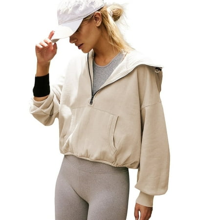 Amazhiyu Womens Half Zip Sweatshirts Cropped Hoodies Pullover Drawstring Long Sleeve Fall Casual Tops with Pocket