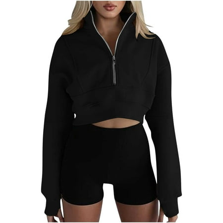 BangWanChi Women's Sweatshirts Clearance Women's Half Zipper Cropped Sweatshirts Casual Long Sleeve Tops With Thumb Hole