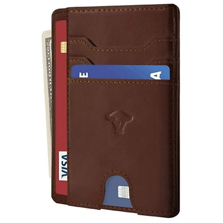 BullCaps Genuine Leather Slim Wallet | RFID Blocking Skinny Minimal Thin Front Pocket Wallet Sleeve Card Holder for Men | 7 Card Slots, 1 ID Window (Brown)