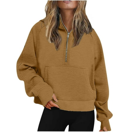 Half Zip Sweatshirt Women Plus Size Fleece Cropped Hoodies Pullover Fall Winter Warm Tops Thumb Hole