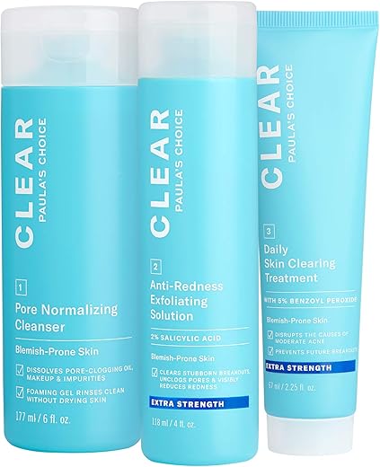 Paula's Choice CLEAR 3-Piece Acne Kit, Includes Daily Cleanser, 2% Salicylic Acid Exfoliant & Benzoyl Peroxide Treatment, Prevents & Treats Mild to Severe Acne & Breakouts, Fragrance-Free, Set of 3