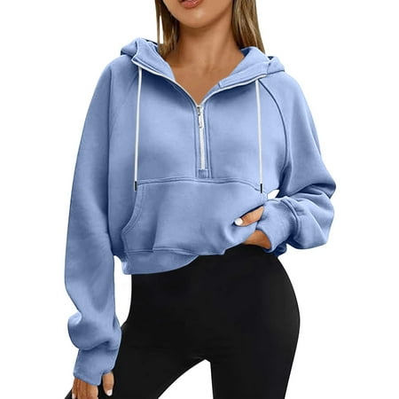 UAMVSH Womens Half Zip Hoodies Cropped Sweatshirt with Pockets Long Sleeve Athletic Pullover Tops 2024 Fall Winter Outfits