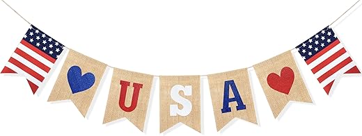 Uniwish USA Banner Burlap Bunting 4th of July Decorations American Independence Day Celebration Red White and Blue Theme Party Supplies