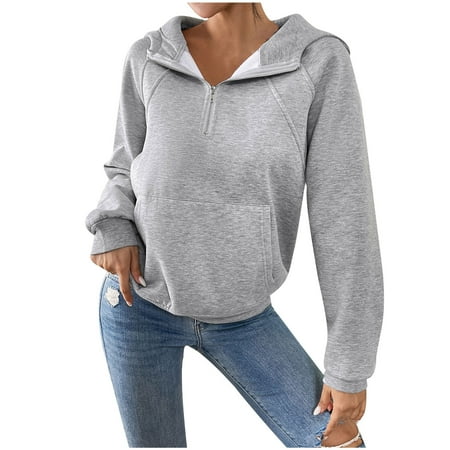 Womens Half Zip Hoodies Pullover Cropped Hooded Sweatshirts Fall Winter Casual Loose Solid Color Top with Hood (Gray L)
