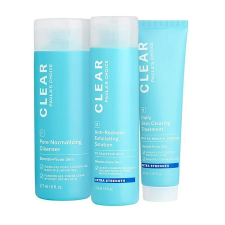 3-Piece Acne Kit, Includes Daily Cleanser, 2% Salicylic Acid Exfoliant & Benzoyl Peroxide Treatment, Prevents & Treats Mild to Severe Acne & Breakouts