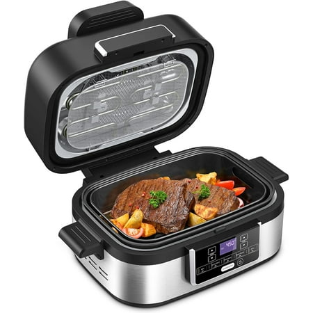 5-IN-1 Electric Smart Air Fryer Grill Combo, Indoor Grill with Air Fry, Stainless Steel with Air Grill, Air Fryer, Roast, Bake, Dehydrate, Beef & Fries, 5QT Large Capacity Smokeless, Black
