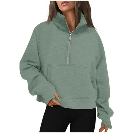 Atogsazn Womens Oversized Sweatshirt Half Zip Long Sleeve Pullover Cropped Tops Quarter Zipper Hoodies Green S on Clearance