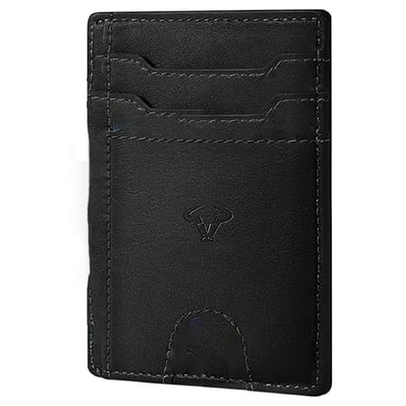 BullCaps Genuine Leather Slim Wallet | RFID Blocking Skinny Minimal Thin Front Pocket Wallet Sleeve Card Holder for Men | 7 Card Slots, 1 ID Window (Black)