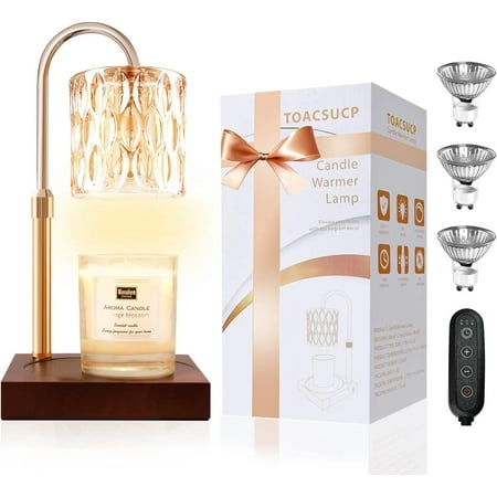 Candle Warmer Lamp with 3 Bulbs, Adjustable Height Dimmable Candle Warmer with Timer, Compatible with Large Jar Candles, Candle Lamp with Charming Gift Box Ribbon for Her/Him(Walnut)