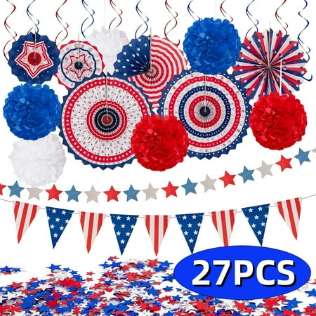 Fourth of July Decorations Patriotic USA Party Decoration Independence Day Party Supplies America Paper Fans USA Flag Pennant Office Home Party Accessories Design 1