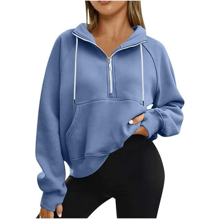 Half Zip Sweatshirt for Women Clearance Cropped Pullover Casual Workout Crop Tops Fleece Sweater Spring Fall Long Sleeve Tops Thumb Hole with Drawstring Kangaroo Pockets