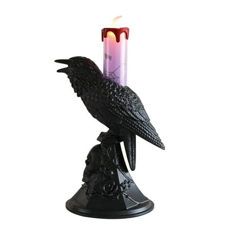 Holloyiver LED Raven Halloween Flameless Candles, Black Crow Skull Statue Candlestick, Purple Glowing Light Flickering Candle Holder Halloween Table Lamp Scary Ornaments Home Decorations