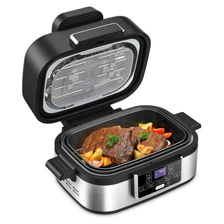 Indoor Grill with Air Fry, 5-IN-1 Electric Smart Air Fryer Grill Combo, Stainless Steel with Air Grill, Air Fryer, Roast, Bake, Dehydrate, & Fries, 5QT Large Capacity Smokeless, Black