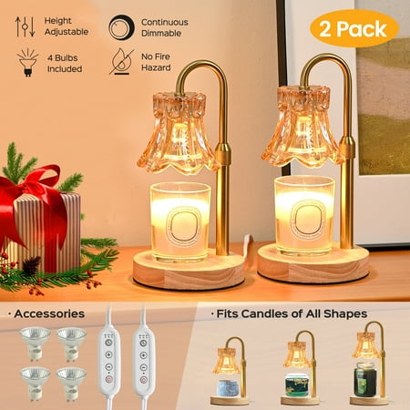 KOOSOM Candle Warmer Lamps 2-Pack, Height Adjustable Wax Melts Lamp with Dimmer and Timer, 4 GU10 Light Bulbs Included, Candle Melting Heater Lamp for Home Decor, Heart warming Gift Idea