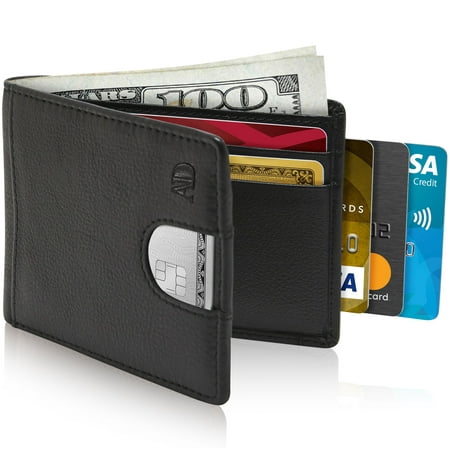 Leather Slim Wallets For Men - RFID Mens Wallet With Pull Strap Front Pocket Card Holder With ID Window Gifts For Him